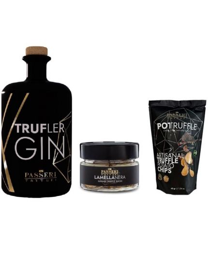 Truffle Gin al Tartufo Bianco pregiato -Passeri Tartufi- 70cl 42% con Lamelle di Tartufo Nero per guarnizione e Premium Chips al Tartuf
