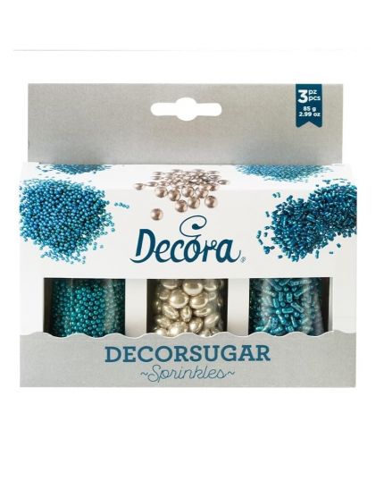 Confezione con 3 Sprinkles, In Zucchero e cioccolato, Colori Argento e Blu metallizzato