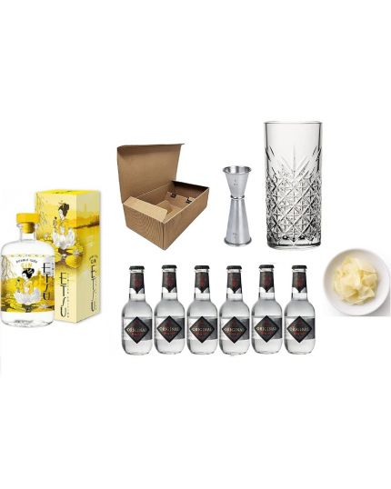 KIT JAPANESE GIN & TONIC Etsu Double Gin Limited Edition + Yuzu Tonic Water + Bicchiere Tumbler Alto + Jigger Professionale + Zenzero fresco a fette ideale per l'abbinamento !
