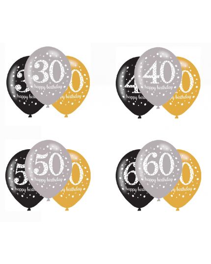 6 Palloncini in Lattice Happy Birthday Oro Argento e Neri per Compleanno Diametro 28 cm