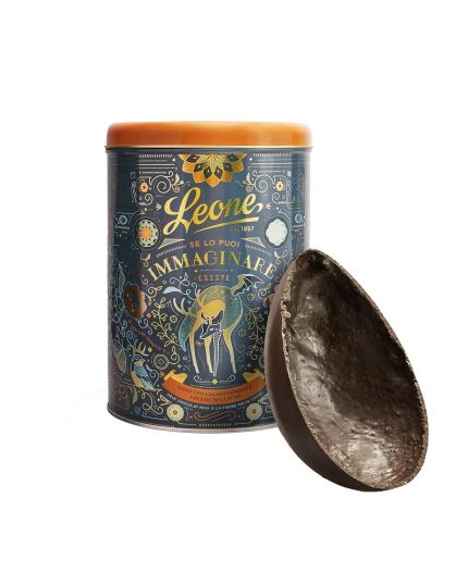 Uovo di Pasqua Artigianale Cioccolato al Fondente Grezzo  350 Grammi Leone dal 1857 in Elegante Latta Regalo