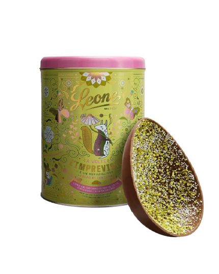Uovo di Pasqua Latte e Pistacchio Artigianale 350 Grammi Leone dal 1857 in Elegante Latta Regalo