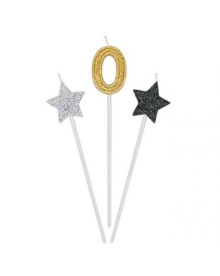 Candeline Prestige su Stelo Numero Oro con Stelline Nero e Argento