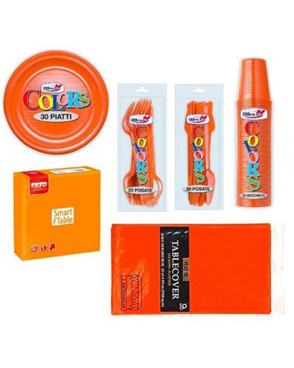 Kit Coordinato Tavola Tinta Unita Arancione con Posate per 30 Persone