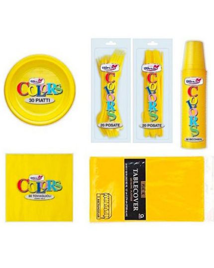 Kit Coordinato Tavola Tinta Unita Giallo con Posate per 30 Persone