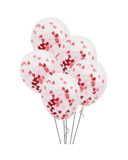 Palloncini Lattice Trasparente 40cm con Coriandoli Cuore Rossi e Rosa 5pz