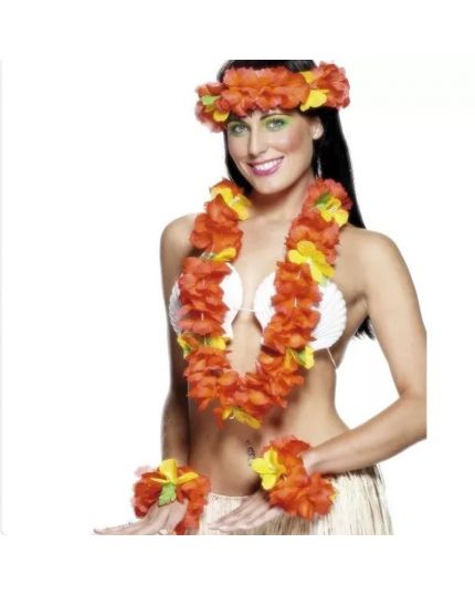 Kit Hawaiano Collana Copricapo e Bracciali con Fiori Rossi