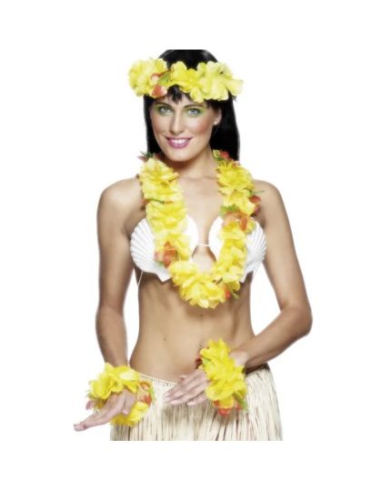 Kit Hawaiano Collana Copricapo e Bracciali con Fiori Gialli