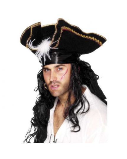 Cappello Tricorno Nero con Piuma e Decorazioni Oro