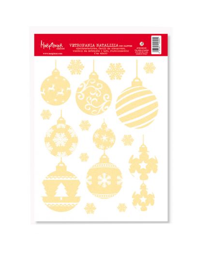 Decorazione Vetrofania Natalizia Palline Natale Oro Glitterate 42x30cm