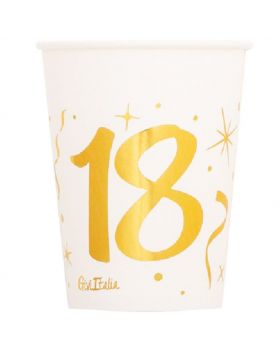 Bicchieri Carta Compleanno 18 Anni Bianchi con Decorazioni Oro Metal