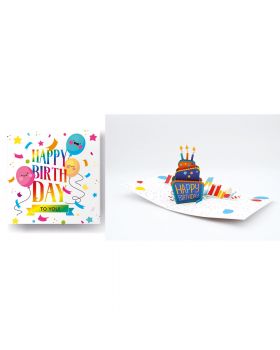 Biglietto Auguri Origami Musicale Happy Birthday Arcobaleno  con Torta 15x15cm