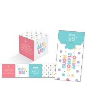 Biglietto Auguri Buon Compleanno KuBoom Apri la Busta e il Cubo Esplode con Coriandoli - Pois Colori Pastello 15x8cm
