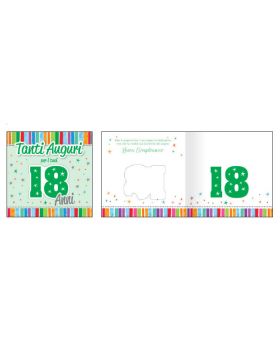 Biglietto Auguri Compleanno 18 Anni Musicale Verde con Righe e Stelline Colorate 15x15cm