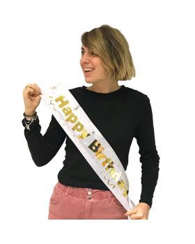 Fascia Premio Happy Birthday Bianca con Scritta Oro Metal