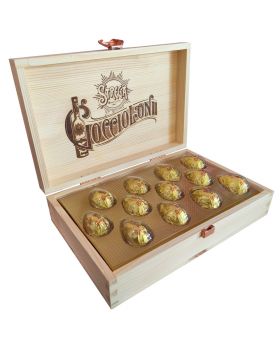 Scatola Legno Praline Goccioloni Cioccolato Fondente con Ripieno Liquore Strega Alberti 310gr