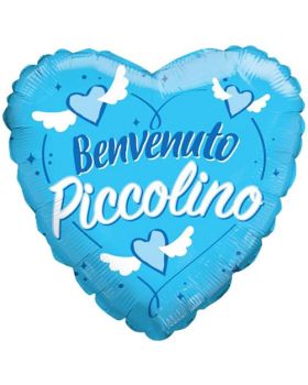 Palloncino Foil Cuore Nascita Bambino Scritta Benvenuto Piccolino Celeste 46cm