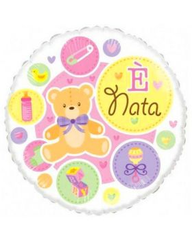 Palloncino Foil Rotondo Nascita Bambina Rosa Scritta É Nata