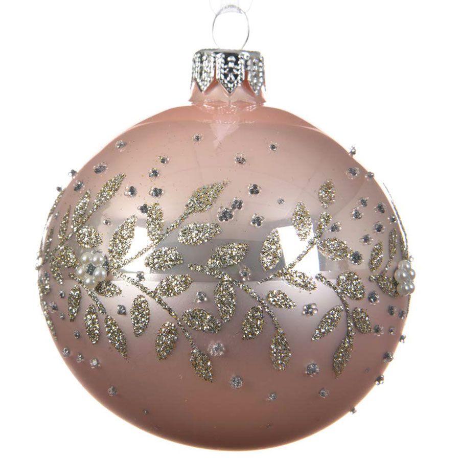 Palline Natale.Pallina Natale Sfera Con Decorazioni In Rilievo Vetro Rosa Cipria 8cm