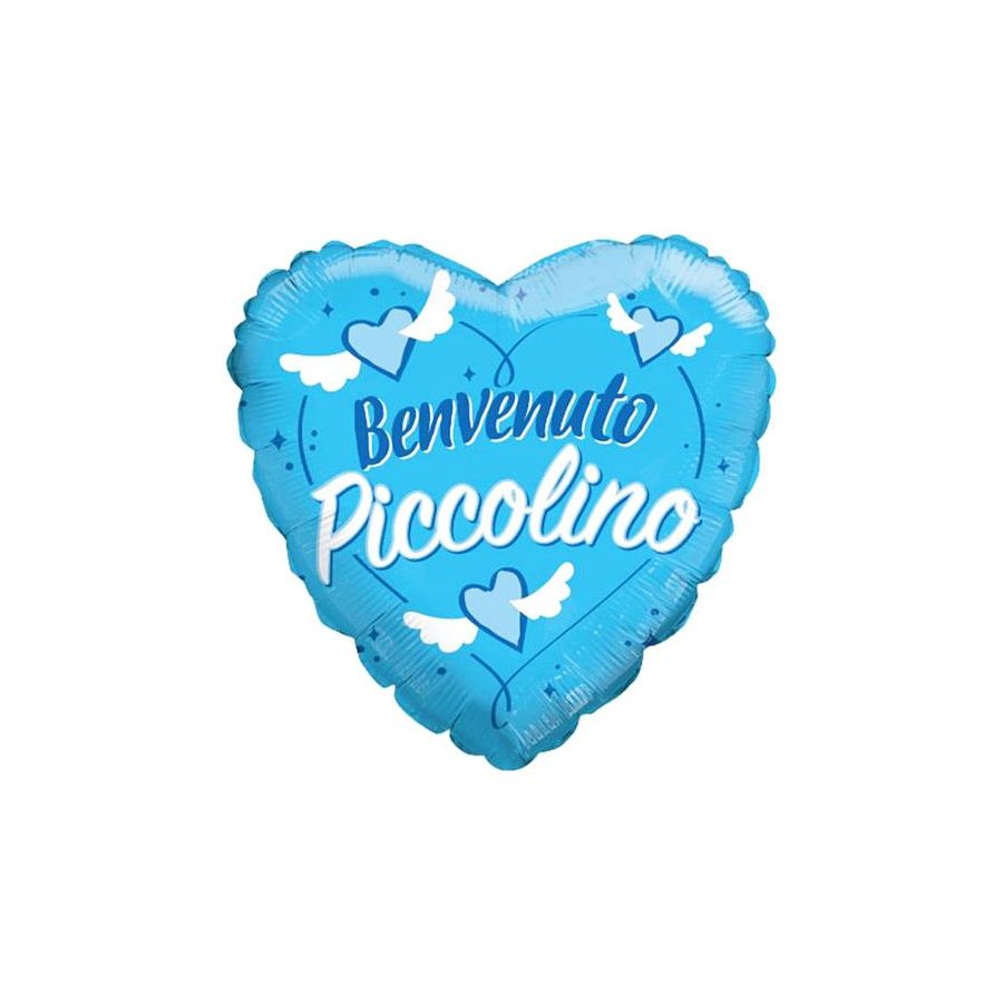 Palloncino Foil Cuore Nascita Bambino Scritta Benvenuto Piccolino Celeste  46cm