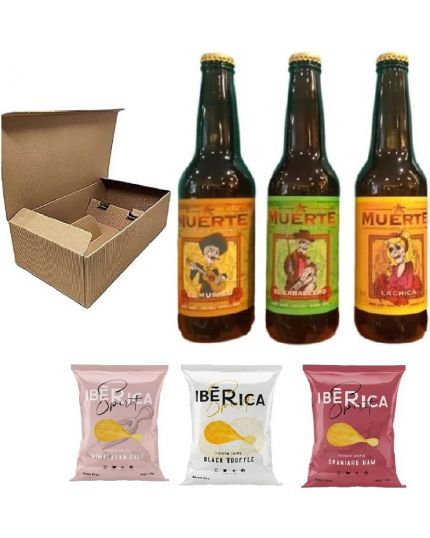 Selezione Birre Messicane -LA MUERTE- La Chica Blonde Ale, El Musico Amber Ale, El Caballero Ipa 33cl + Selezione 3 pacchetti Premium Chips -Iberica- Jamon, Tartufo e Sale Himalayano
