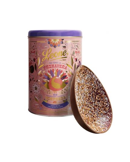 Uovo di Pasqua Artigianale Cioccolato al Latte e Nocciole 350 Grammi Leone dal 1857 in Elegante Latta Regalo