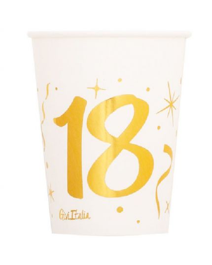 Bicchieri Carta Compleanno 18 Anni Bianchi con Decorazioni Oro Metal