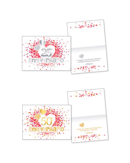 Biglietto Auguri Cuoricini Rossi Anniversario Nozze Oro o Nozze Argento 16x11cm