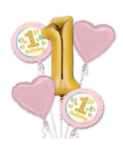 Palloncini Bouquet Foil Primo Compleanno Rosa Numero 1 e Cuori