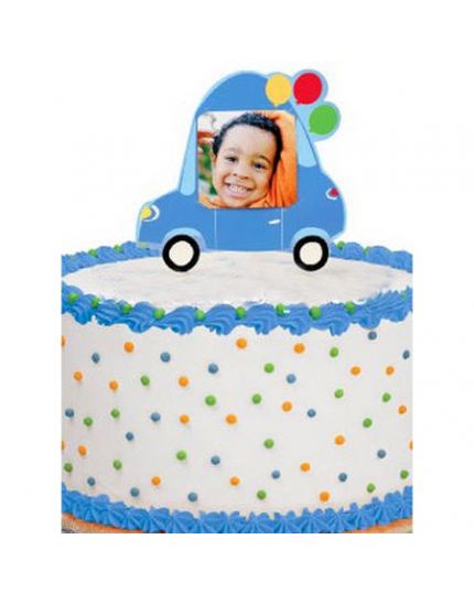 Sopratorta Cake Topper Pvc Portafoto Macchinina Azzurra con Palloncini 11cm