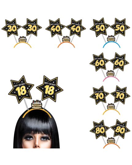 Cerchietto con Antenne Stella Compleanno Nero e Oro Varie Età