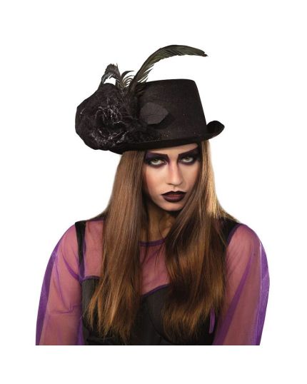 Cappello Cilindro Nero con Piume e Fiori Neri