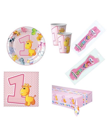 Kit Coordinato Tavola Primo Compleanno Bambina Rosa con Posate per 40 Persone