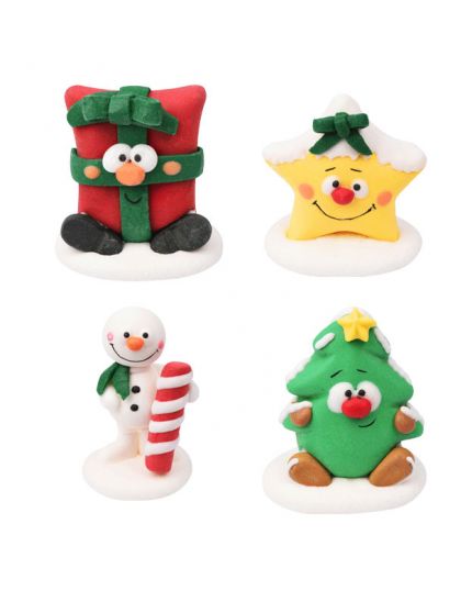 4 Decorazioni Torta in Zucchero Soggetti Natalizi: Pupazzo Neve, Alberello, Stella e Regalo 4-6cm