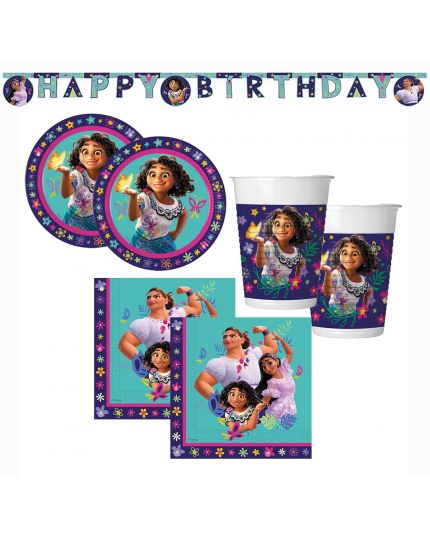Kit Coordinato Tavola Encanto per 16 Persone (16 Piatti, 16 Bicchieri, 20 Tovaglioli, 1 Festone Happy Birthday)
