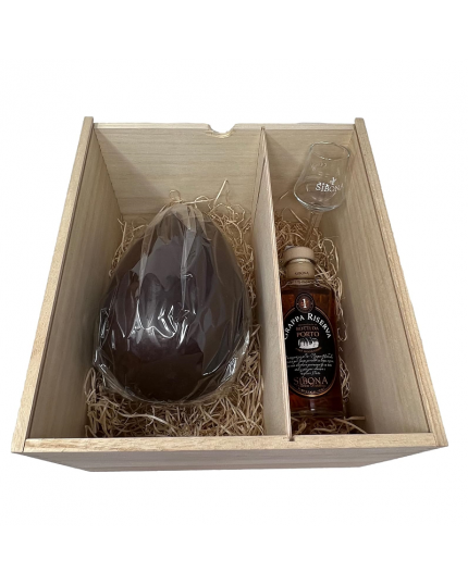 Cofanetto di Pasqua in legno con 1 Bottiglia di Grappa Sibona Riserva Porto + 1 Bicchiere da Degustazione + 1 Uovo di Pasqua Artigianale Personalizzabile 250 gr