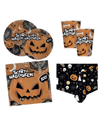 Kit Scary Halloween Coordinato tavola per feste a tema (piatti, piattini, bicchieri, tovaglioli, tovaglia)