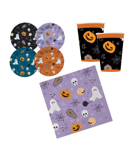 Kit Halloween Coordinato tavola per feste a tema (piatti da dessert, bicchieri, tovaglioli)