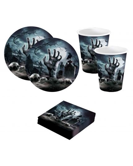 Kit Halloween Coordinato tavola per feste a tema Cimitero (piatti, bicchieri, tovaglioli)