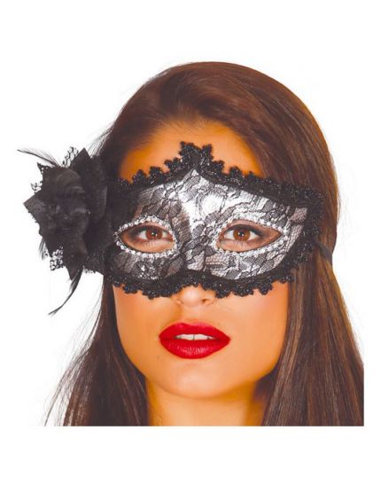 Maschera Argento con Pizzo e Rosa Nera