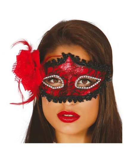 Maschera Rossa con Pizzo e Rosa Nera