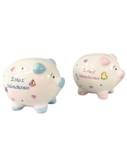 Il Mio Primo Salvadanaio Piggy Mini per Bambini in Terracotta Rosa o Celeste 7x8,5cm