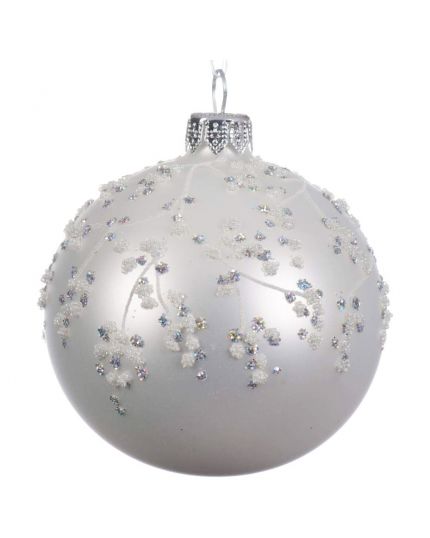 Pallina Natale Sfera con Decorazioni in Rilievo Bianco 8cm