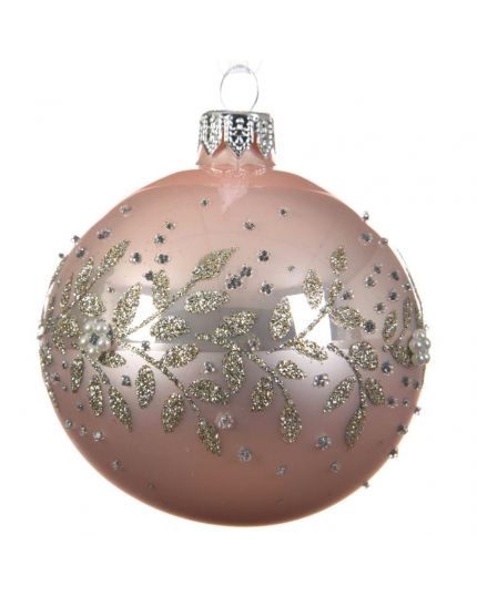 Pallina Natale Sfera con Decorazioni in Rilievo Vetro Rosa Cipria 8cm