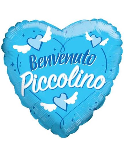 Palloncino Foil Cuore Nascita Bambino Scritta Benvenuto Piccolino Celeste 46cm