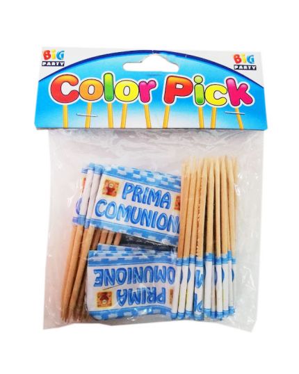 Pick Stecchini Bandierina Prima Comunione Celesti 50pz