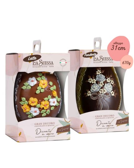 Uovo Pasqua Decorato a Mano Cioccolato al Latte o Fondente La Suissa 670gr