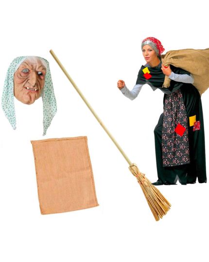 Costume Befana Kit Completo con Maschera, Sacco e Scopa