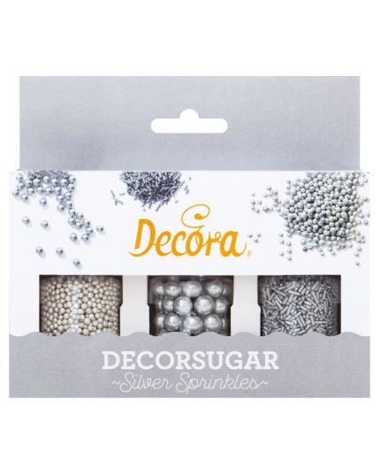 Set 3 Decorazioni Zucchero Argento Perline e Bastoncini Decora 85gr