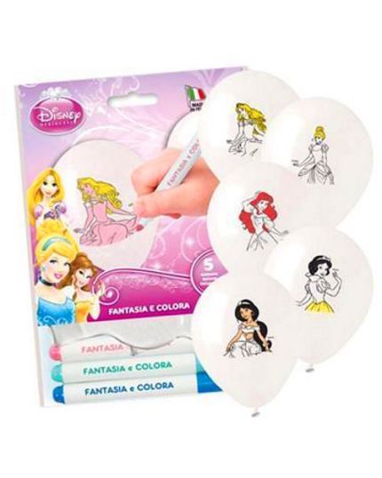 Set 5 Palloncini da Colorare Principesse Disney e 3 Pennarelli